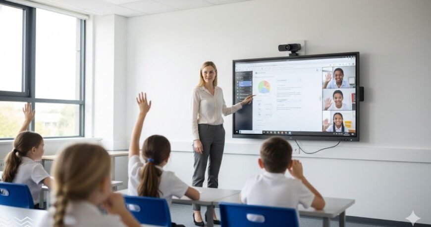 Smart board features like multi-touch display and interactive tools used in a smart classroom